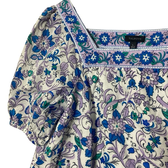 Talbots Blouse Size Large Blue Purple Floral Peacock Square Neck Short Sleeve - Picture 4 of 7